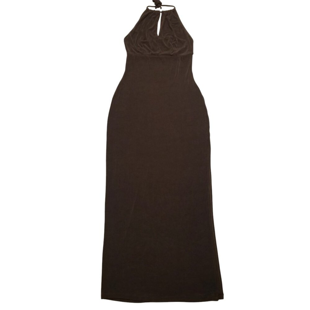 Vintage Brown Halter Keyhole Neck Long Gown Dress w/ Slit Beechers Brook